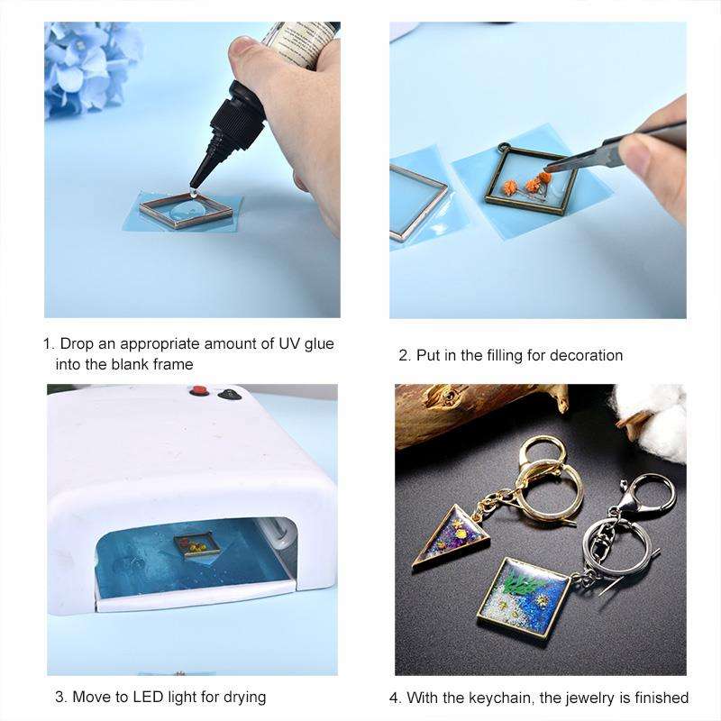 50g UV Resin Keychain & Jewelry Craft Kit – Complete DIY Set with UV Resin, Curing Light, silver metal Bezels, Keychains & Tape