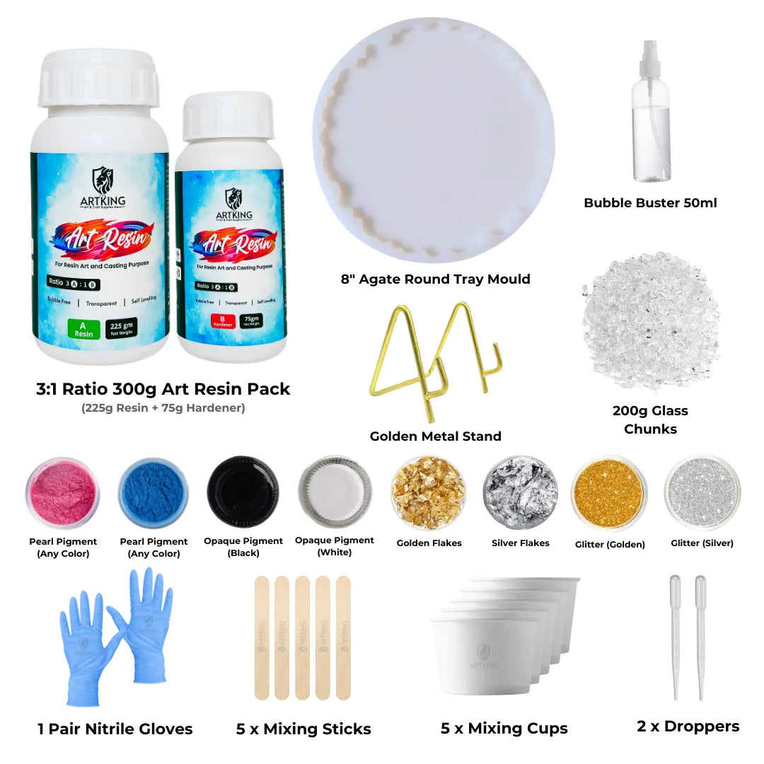 8 inch Agate Tray Making Combo Kit for Resin Art | 17 Items DIY Beginners Craft Kit with 300g Epoxy Art Resin