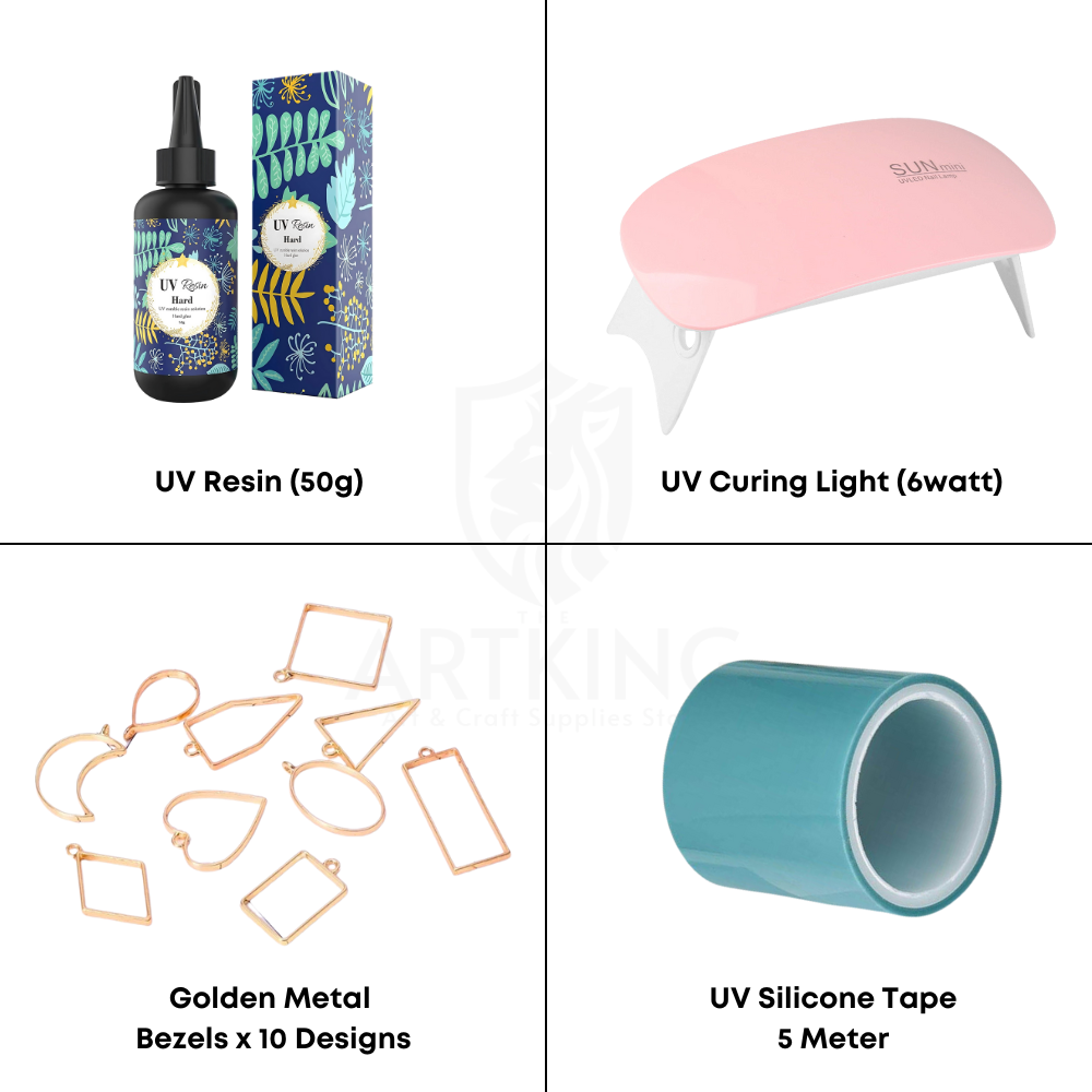 50g UV Resin Keychain & Jewellery Making Craft Kit – Complete DIY Art Set with UV Resin, UV Curing Light, Golden Metal Bezels & UV Resin Tape