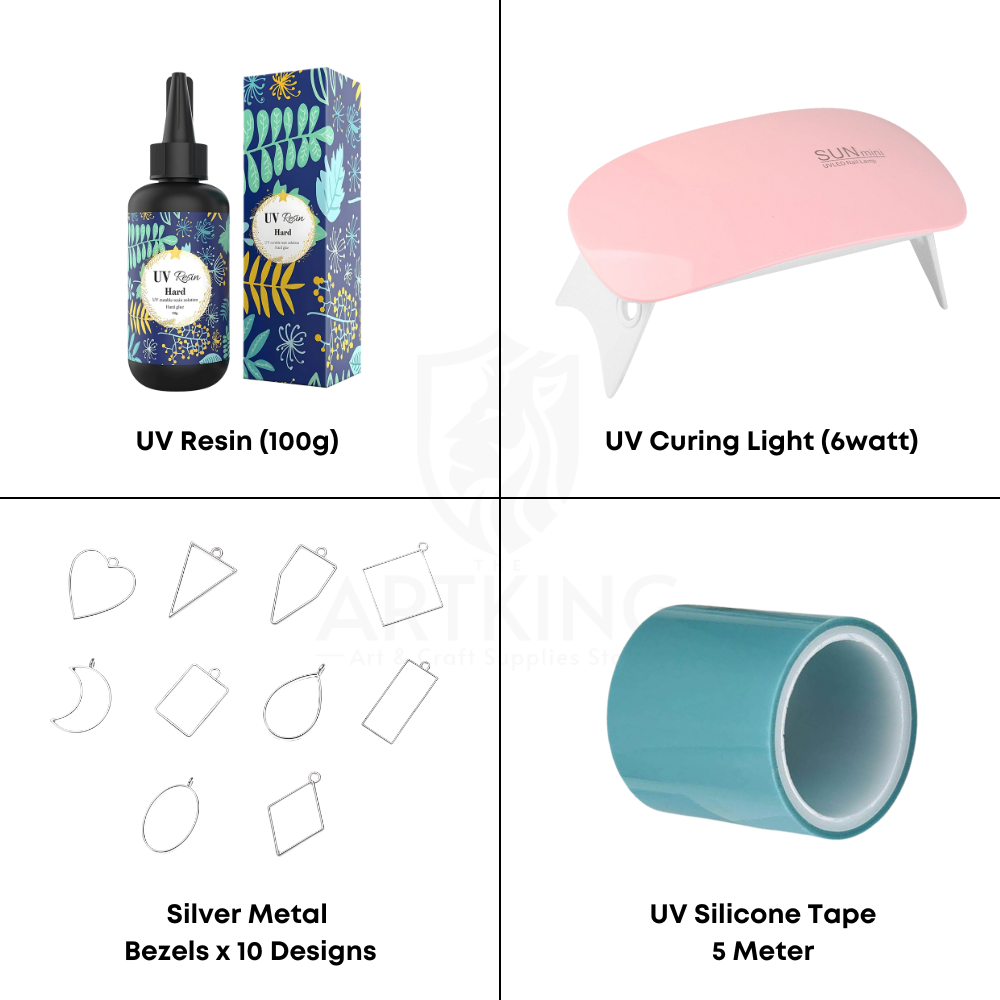 50g UV Resin Keychain & Jewellery Making Craft Kit – Complete DIY Art Set with UV Resin, UV Curing Light, Silver Metal Bezels & UV Resin Tape