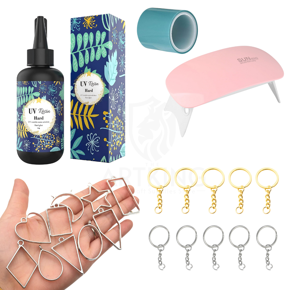 50g UV Resin Keychain & Jewellery Making Craft Kit – Complete DIY Art Set with UV Resin, UV Curing Light, Golden Metal Bezels, Keychain Rings & UV Resin Tape