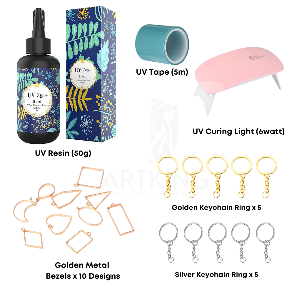 50g UV Resin Keychain & Jewelry Craft Kit – Complete DIY Set with UV Resin, Curing Light, silver metal Bezels, Keychains & Tape