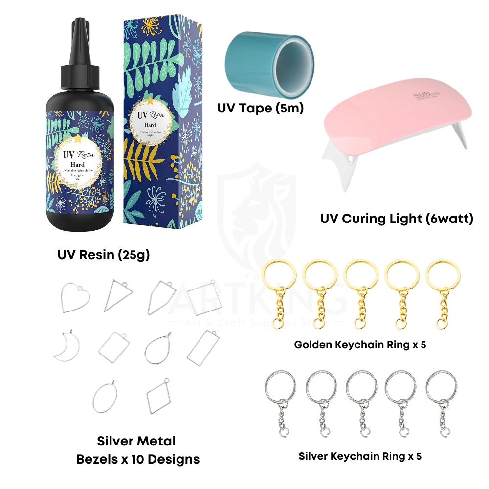 50g UV Resin Keychain & Jewellery Making Craft Kit – Complete DIY Art Set with UV Resin, UV Curing Light, Golden Metal Bezels, Keychain Rings & UV Resin Tape