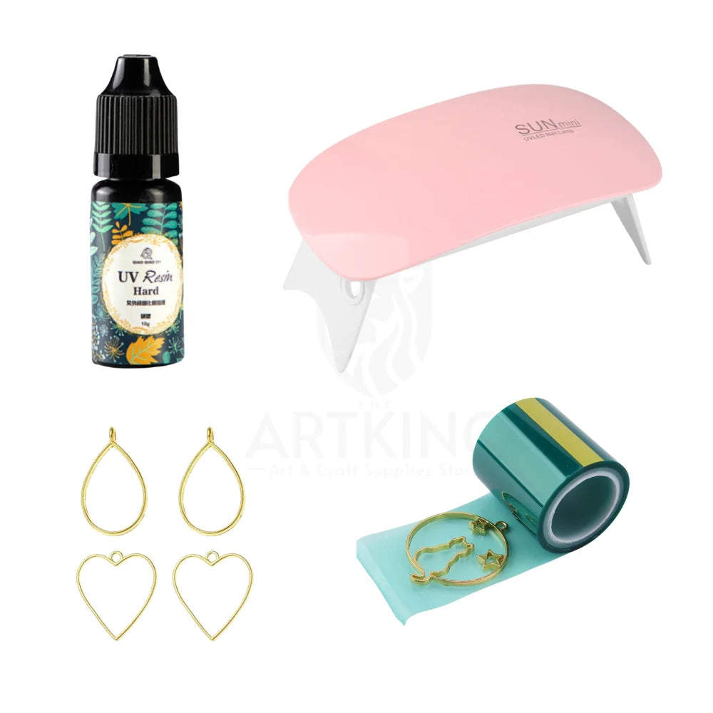 10g UV Resin Pendant & Earing Jewellery Making Combo Kit for Resin Art | UV Resin(10g), UV Curing Light x 1, UV Tape x 1, Golden Metal Blank Bezels x 4