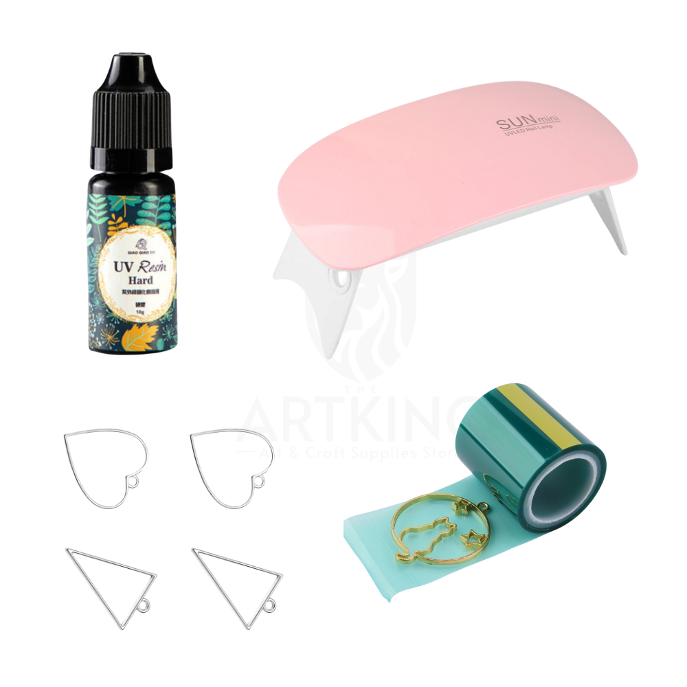 10g UV Resin Pendant & Earing Jewellery Making Combo Kit for Resin Art | UV Resin(10g), UV Curing Light x 1, UV Tape x 1, Silver Metal Blank Bezels x 4