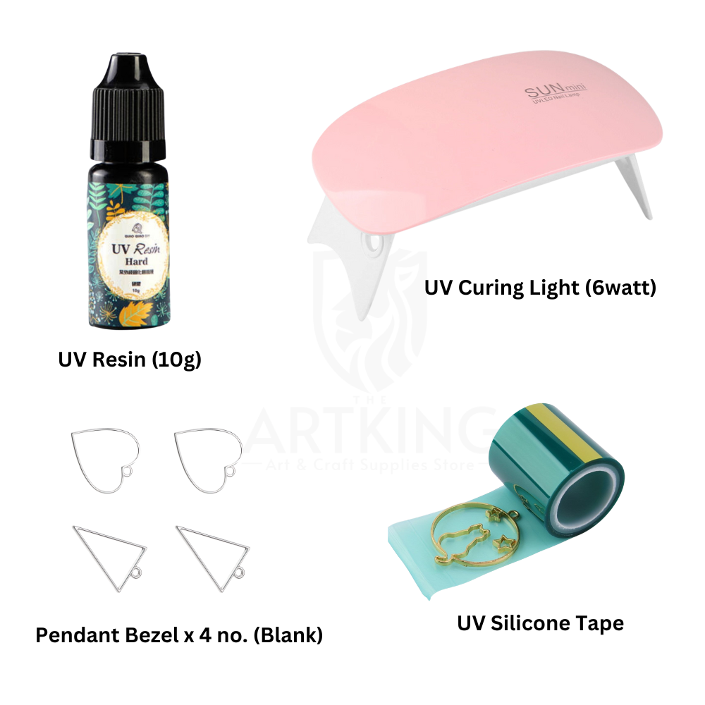 10g UV Resin Pendant & Earing Jewellery Making Combo Kit for Resin Art | UV Resin(10g), UV Curing Light x 1, UV Tape x 1, Silver Metal Blank Bezels x 4