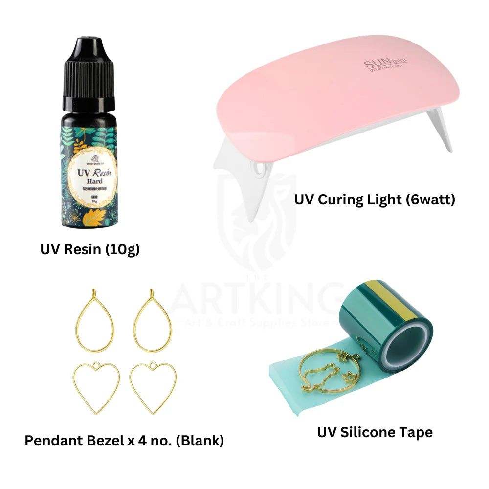 10g UV Resin Pendant & Earing Jewellery Making Combo Kit for Resin Art | UV Resin(10g), UV Curing Light x 1, UV Tape x 1, Golden Metal Blank Bezels x 4