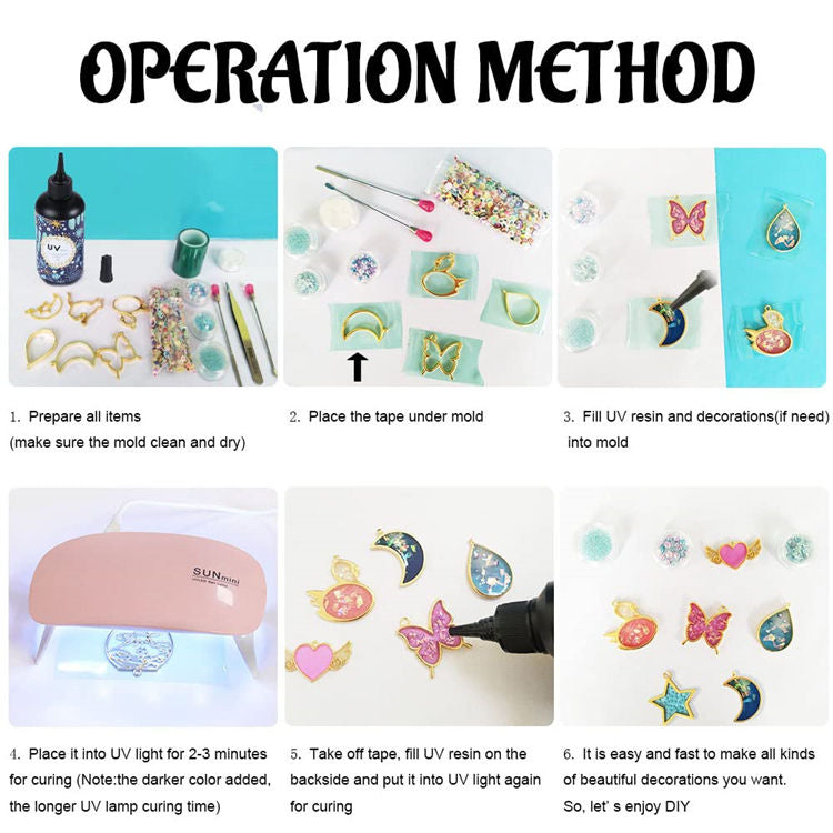50g UV Resin Keychain & Jewelry Craft Kit – Complete DIY Set with UV Resin, Curing Light, silver metal Bezels, Keychains & Tape
