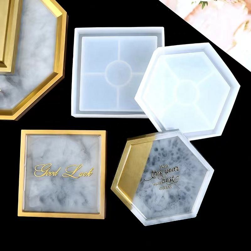 Hexagon and Square Coaster Tray Silicone Mould with Borders for Resin & Concrete Art & Craft | Small Border Tray (2 designs)