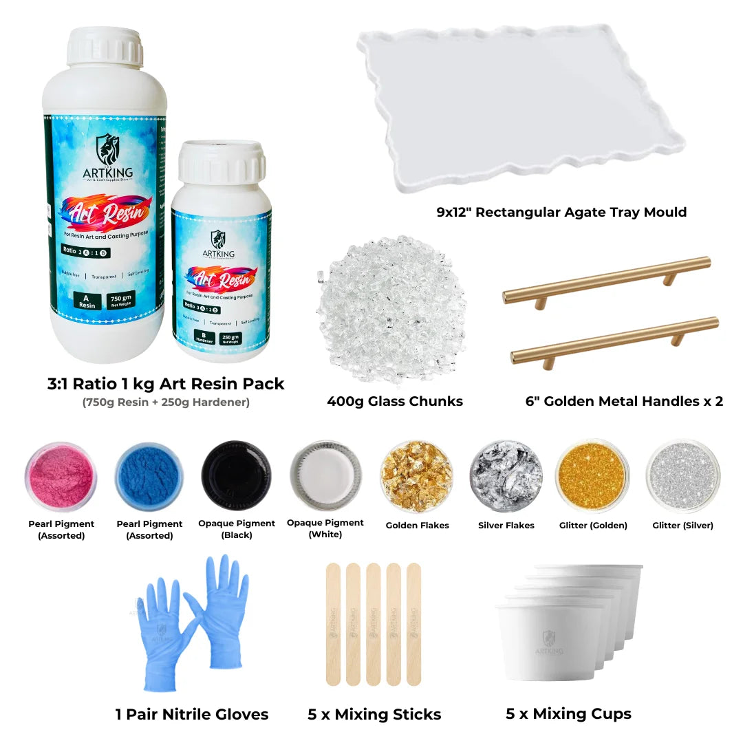 9x12inch Agate Tray Making Combo Kit for Resin Art | 15 Items DIY Beginners Craft Kit with 1Kg Epoxy Art Resin