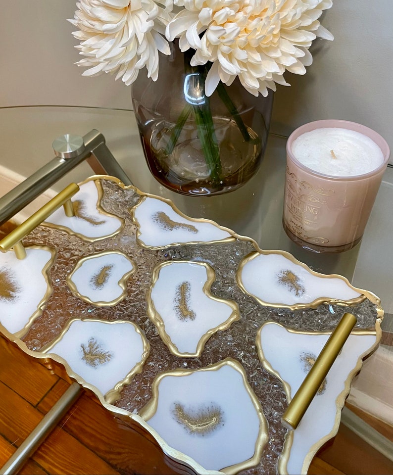 9x12in Rectangular Resin Agate Tray Making Combo with Mirror Stones and Golden Metal Tray Handles | Customized Frame Making Mould
