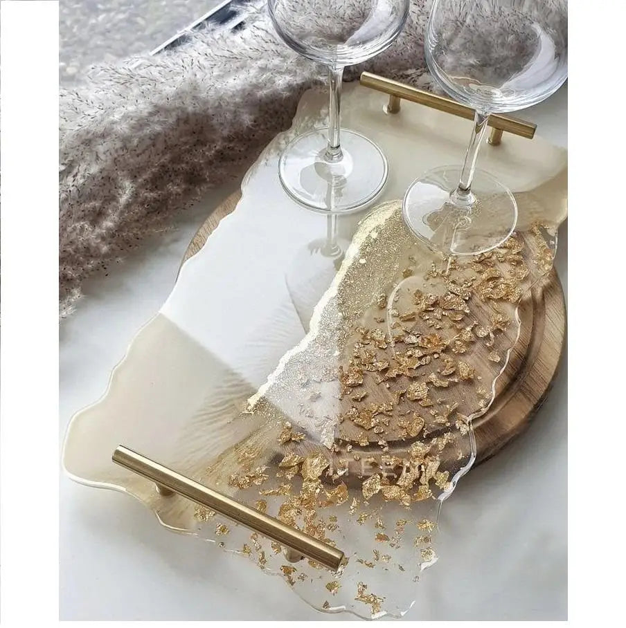 9x12in Rectangular Resin Agate Tray Making Combo with Mirror Stones and Golden Metal Tray Handles | Customized Frame Making Mould