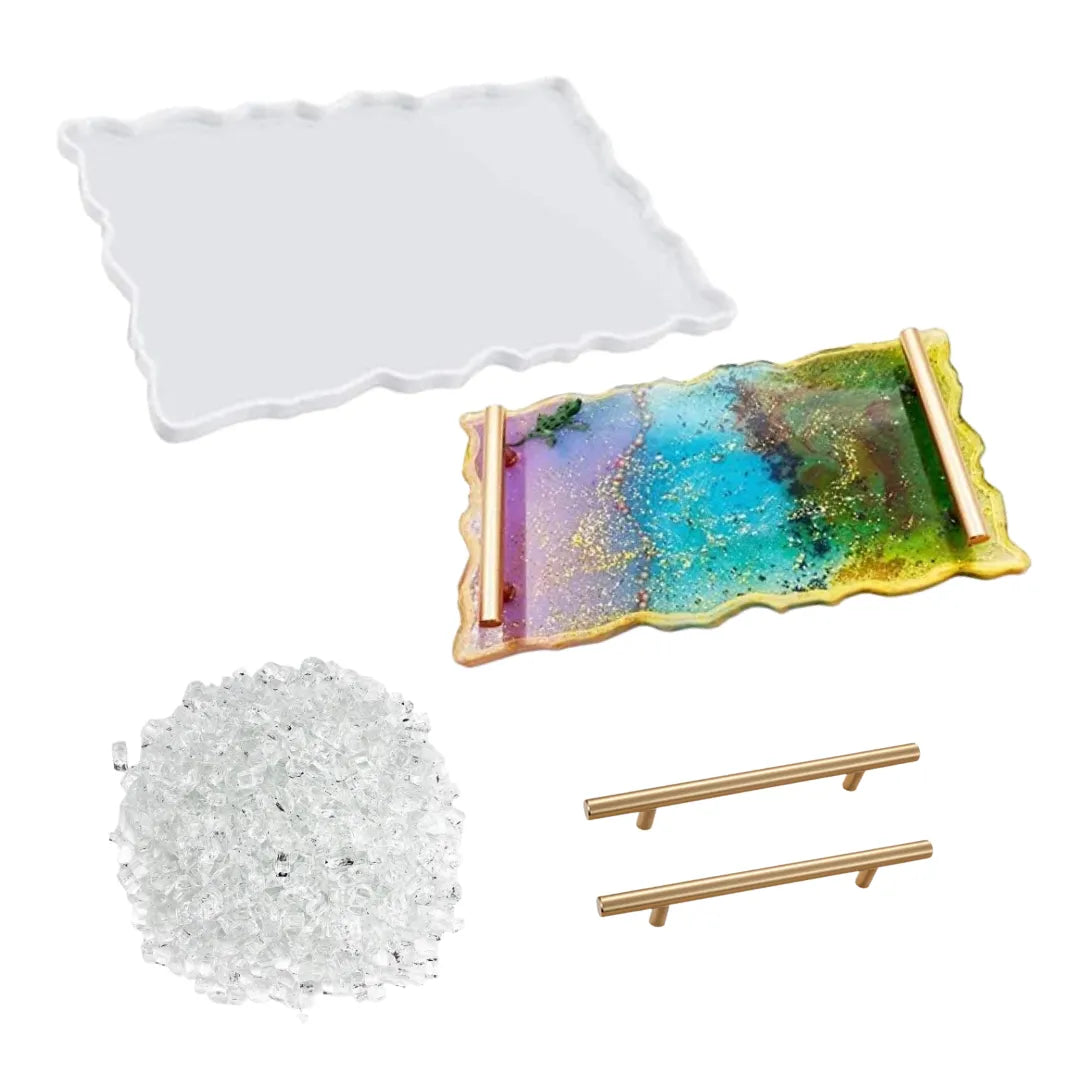 9x12in Rectangular Resin Agate Tray Making Combo with Mirror Stones and Golden Metal Tray Handles | Customized Frame Making Mould