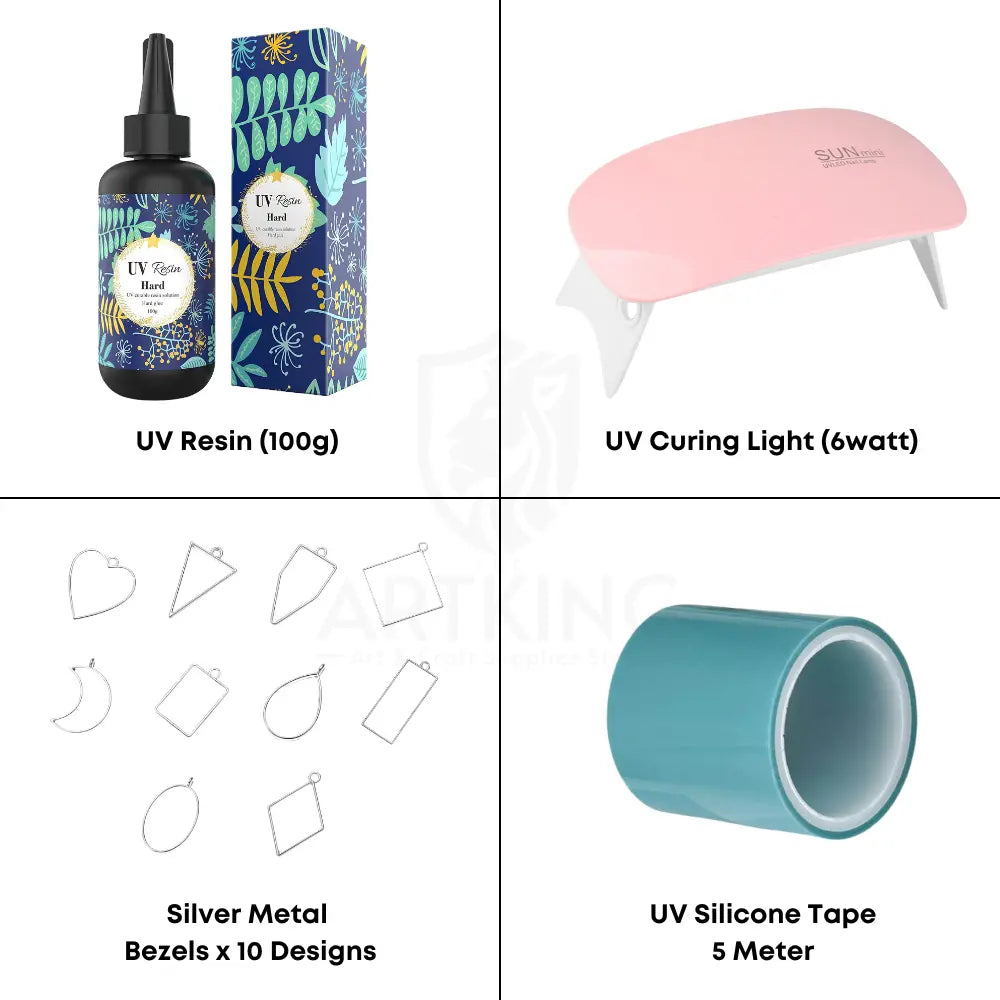 100g UV Resin Craft Kit: Complete DIY Jewelry Making Set with 100g UV Resin, Curing Light,Silver Metal Bezels & Silicone Tape | Pendant and Keychain Making Combo Kit