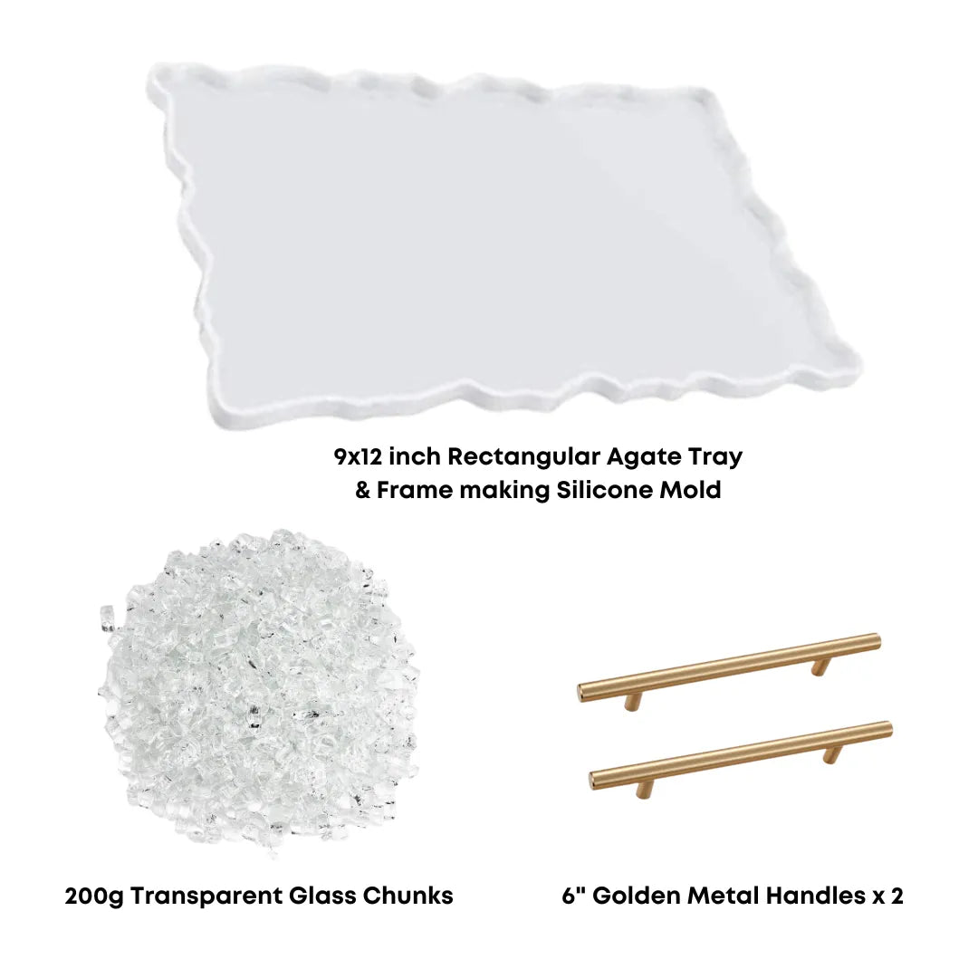 9x12in Rectangular Resin Agate Tray Making Combo with Mirror Stones and Golden Metal Tray Handles | Customized Frame Making Mould