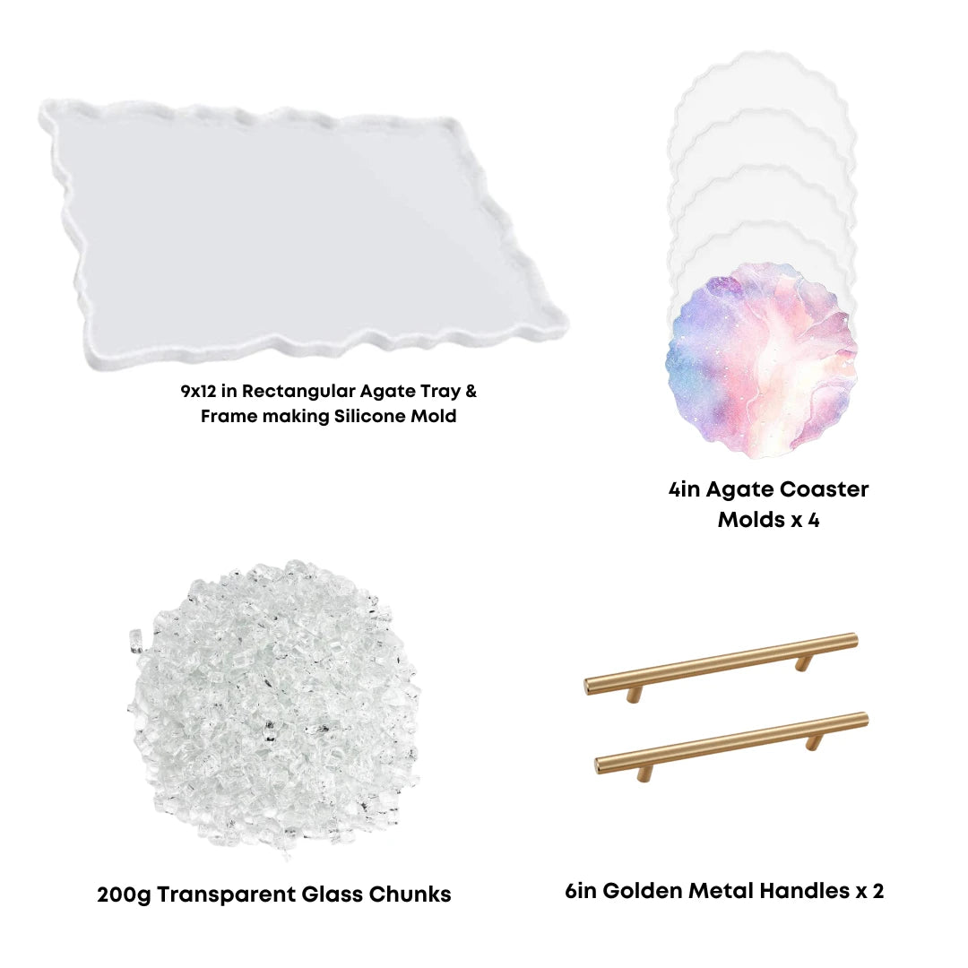 9x12in Rectangular Resin Agate Tray & 4in Agate Coaster Making Combo with Mirror Stones and Golden Metal Tray Handles | 4 x Coaster