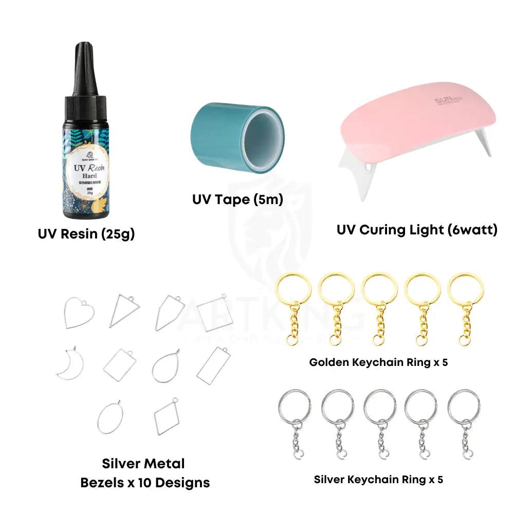 25g UV Resin Keychain & Jewelry Craft Kit – Complete DIY Set with UV Resin, Curing Light, Silver Bezels, Keychains & Tape