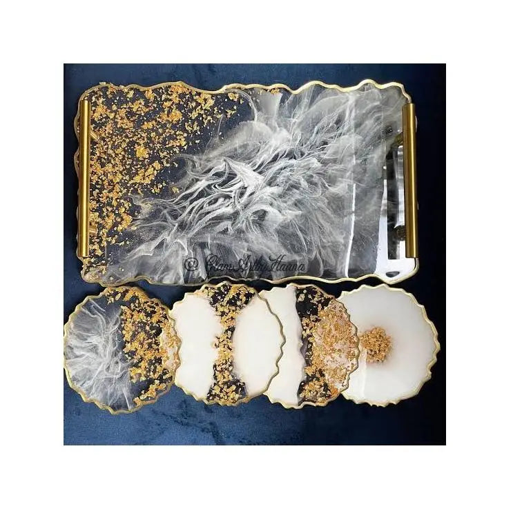 9x12in Rectangular Resin Agate Tray & 4in Agate Coaster Making Combo with Mirror Stones and Golden Metal Tray Handles | 4 x Coaster
