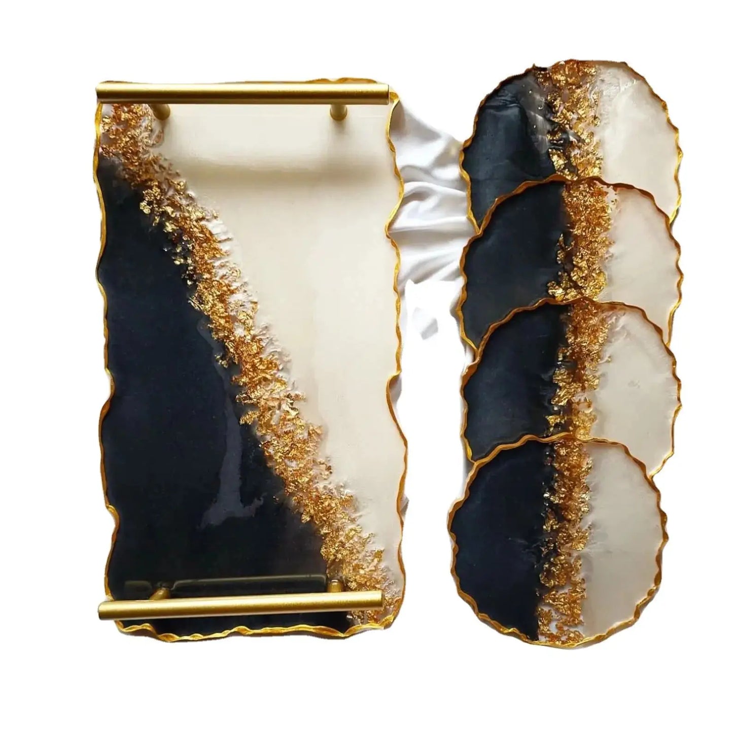 9x12in Rectangular Resin Agate Tray & 4in Agate Coaster Making Combo with Mirror Stones and Golden Metal Tray Handles | 4 x Coaster