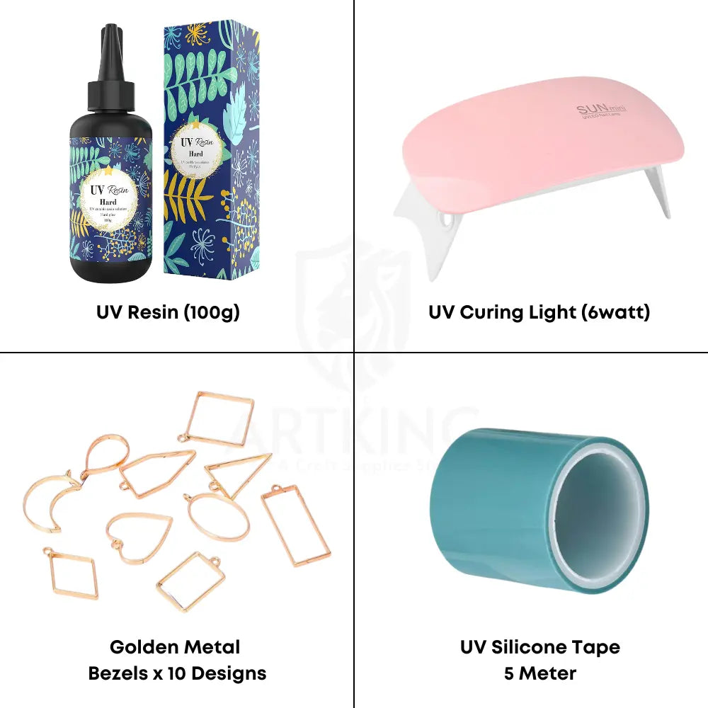 100g UV Resin Craft Kit: Complete DIY Jewelry Making Set with 100g UV Resin, Curing Light, Metal Bezels & Silicone Tape | Pendant and Keychain Making Combo Kit