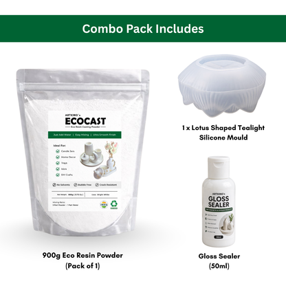 EcoCast Eco Resin Powder Kit with Lotus Tealight Silicone Mould and 50ml Gloss Sealer | Complete Home Décor Craft Kit