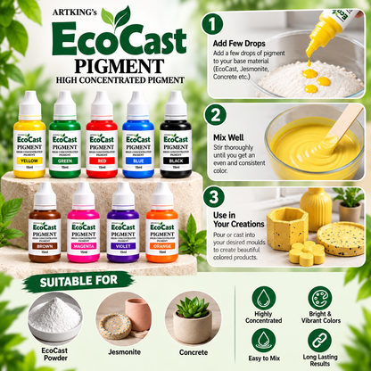 EcoCast Pigment Set – 9 Highly Concentrated Liquid Pigments for Eco Resin Powder, 15ml Each | Yellow, Green, Red, Blue, Black, Brown, Magenta, Violet & Orange