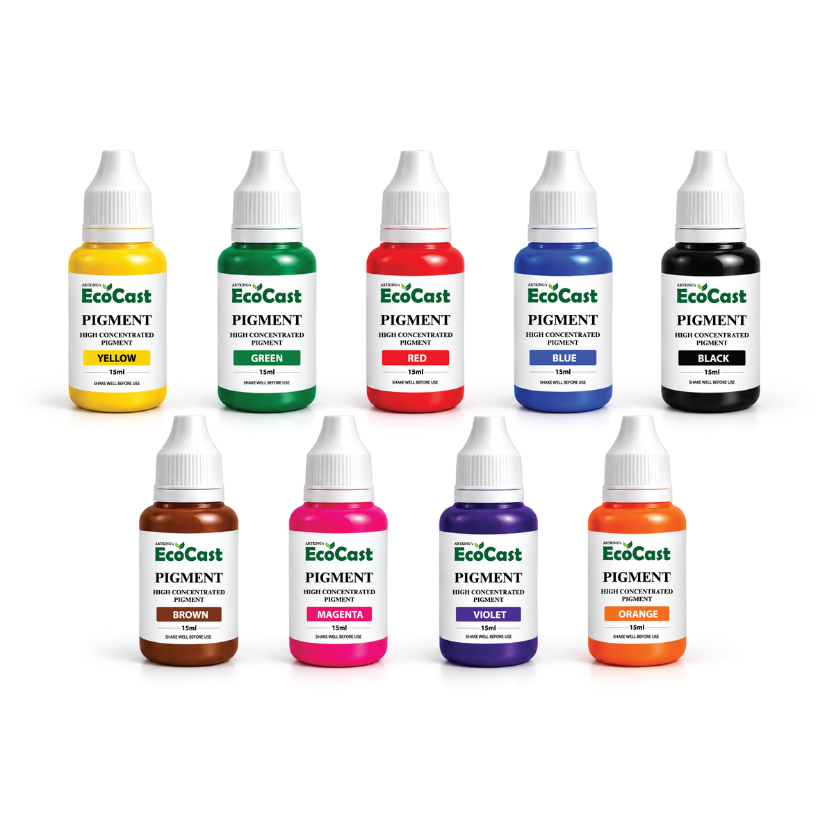 EcoCast Pigment Set – 9 Highly Concentrated Liquid Pigments for Eco Resin Powder, 15ml Each | Yellow, Green, Red, Blue, Black, Brown, Magenta, Violet & Orange