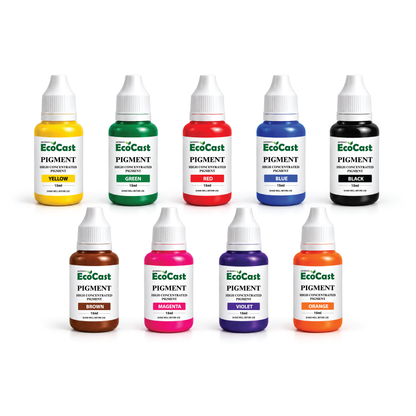 EcoCast Pigment Set – 9 Highly Concentrated Liquid Pigments for Eco Resin Powder, 15ml Each | Yellow, Green, Red, Blue, Black, Brown, Magenta, Violet & Orange