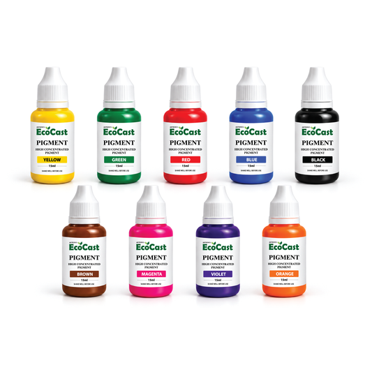 EcoCast Pigment Set – 9 Highly Concentrated Liquid Pigments for Eco Resin Powder, 15ml Each | Yellow, Green, Red, Blue, Black, Brown, Magenta, Violet & Orange