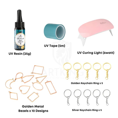 25g UV Resin Keychain & Jewelry Craft Kit – Complete DIY Set with UV Resin, Curing Light, Bezels, Keychains & Tape